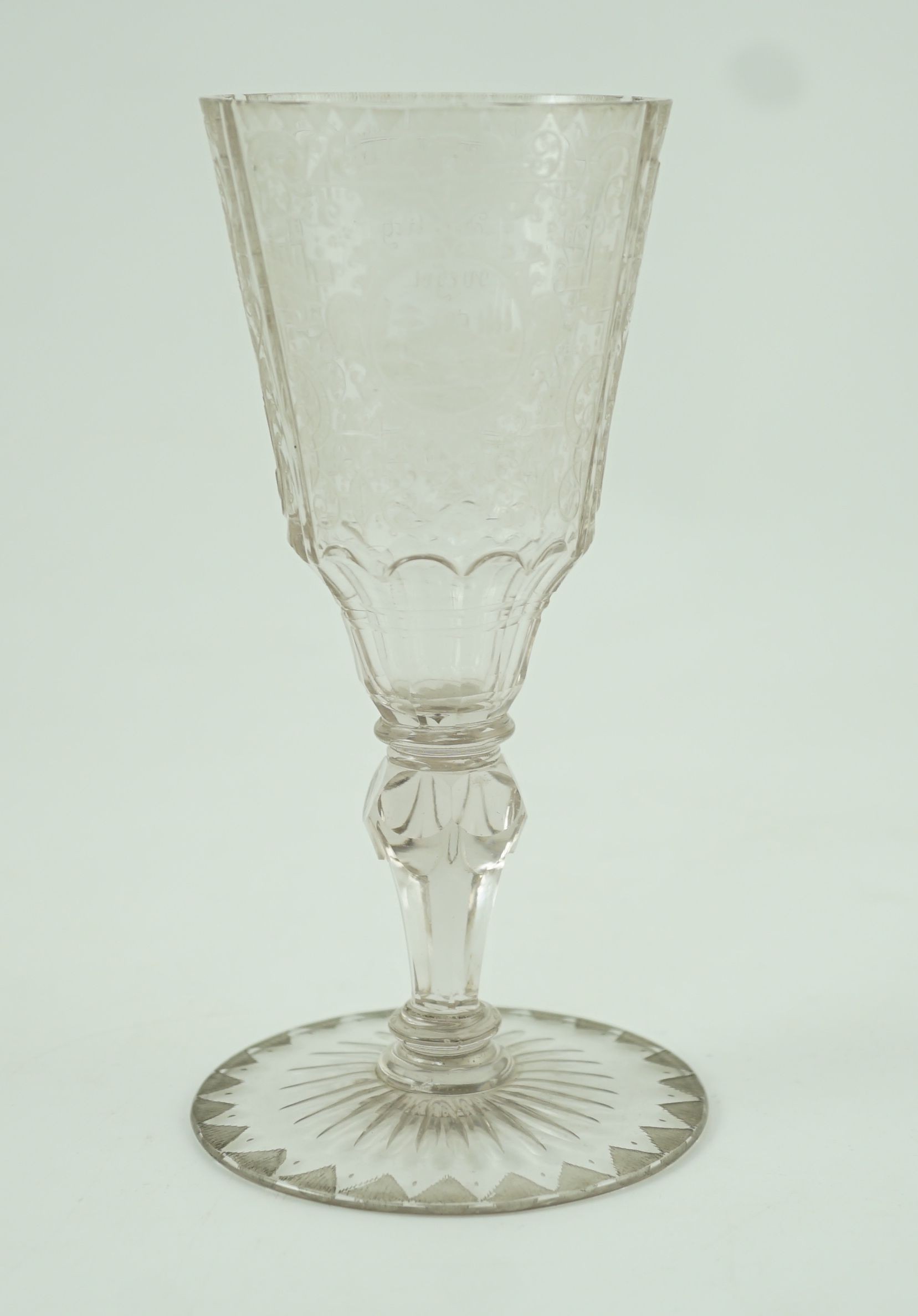 A Silesian wheel engraved glass goblet, c.1760, possibly made in Szklarska Poreba, 16.7cm high